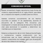 Universitario Rugby abrió una investigación interna tras un incidente en un partido infantil Comunicado de Universitario Rugby sobre el incidente en la categoría M13